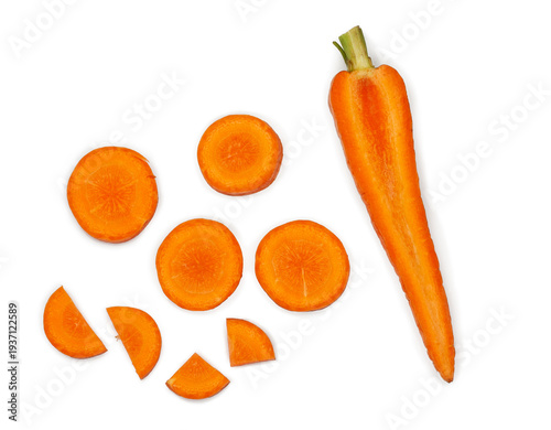 Carrot slices isolated on a white background, top view, contour