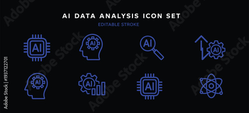 minimal icon set of AI data analysis icons vectors analyst diagram analytics research analyze with AI chips artificial intelligence semiconductor algorithm improvement graph UX process icons.