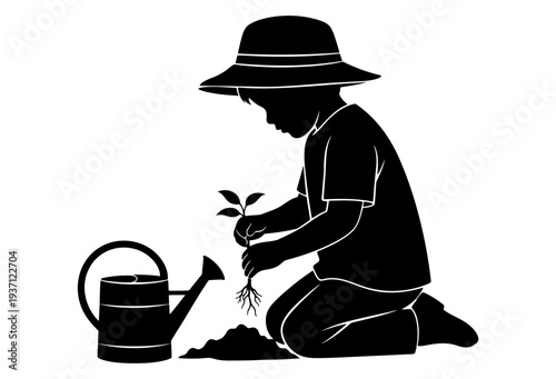 Child gardening silhouette watering young plant