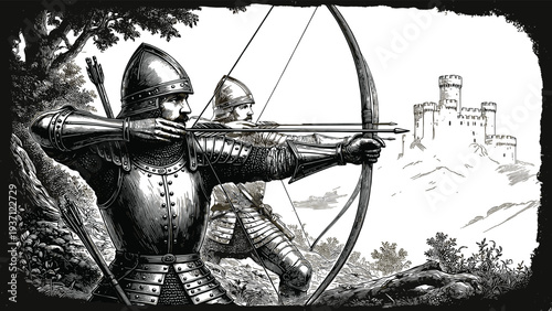 Vintage Engraving Of Medieval Archers In Armor Aiming Bows At Distant Castle Featuring Detailed Line Art Style For Middle Ages History And Fantasy Design
