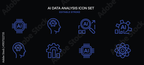 minimal icon set of AI data analysis icons vectors analyst diagram analytics research analyze with AI chips artificial intelligence semiconductor algorithm improvement graph UX process icons.