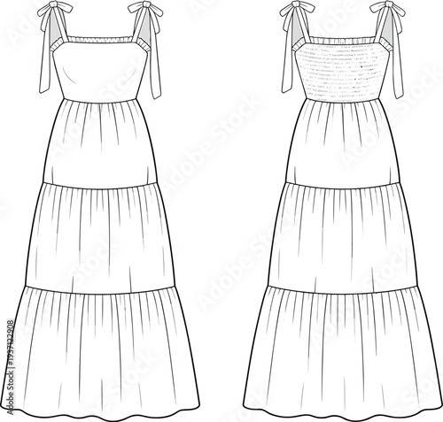 Two Long White Dresses with Tie Straps and Tiered Skirts in a Line