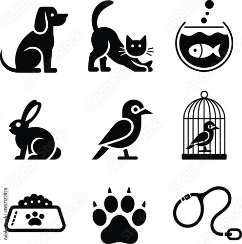 Pet silhouettes with dog, cat, rabbit, bird, fish bowl, paw print, leash, pet care icons, animal companion design