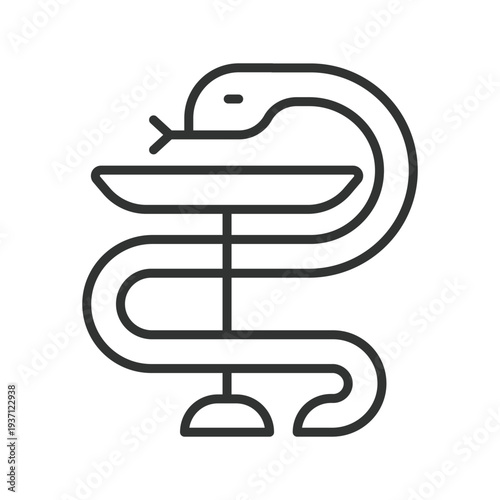 Pharmacy symbol snake bowl icon in line design. pharmacy, medicine, medical, healthcare, apothecary, drug, treatment on white background vector. pharmacy editable stroke icon