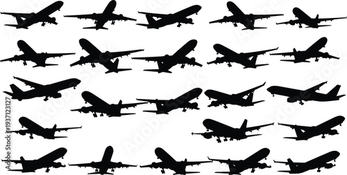 "Airplane silhouettes, aviation flight icons, commercial jet vector, aircraft positions illustration, black white design elements, aviation graphic set