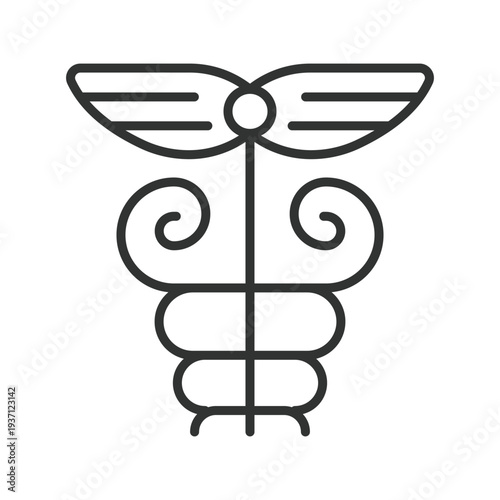 Medical caduceus symbol icon in line design. caduceus, medical, healthcare, symbol, medicine, staff, pharmacy on white background vector. caduceus editable stroke icon