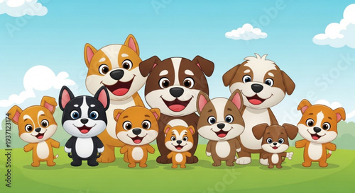 Cartoon dogs and puppies in a green field with blue sky and fluffy white clouds happy animals