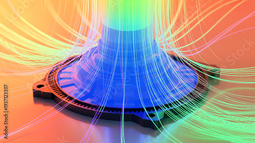 Close up view of hardware component with glowing fiber optic strands emitting colorful light indicating high speed data processing and advanced microchip cooling systems in supercomputer technology