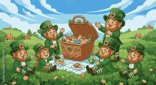 Six leprechauns enjoy picnic with food basket in green landscape with blue sky