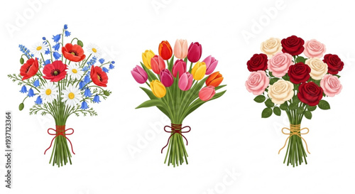 Colorful flower bouquets with wildflowers, tulips, and roses  