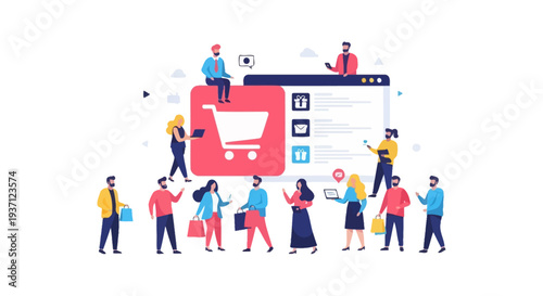 E-commerce Online Shopping Concept: Diverse Customers Interacting with Digital Storefront and Web Services