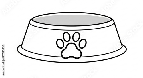 Empty dog food bowl with paw print design on side simple black and white illustration for pet owners