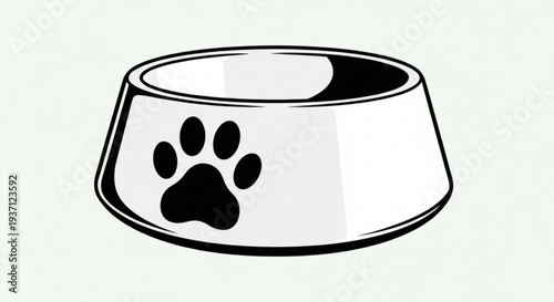 Dog food bowl with paw print on side empty pet dish for animals black and white illustration