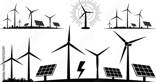 Renewable energy silhouettes with wind turbines, solar panels, electricity generation icons, sustainable power, clean technology, eco friendly future illustration