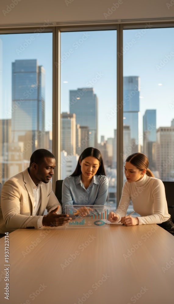 Fototapeta premium Diverse business team analyzing holographic data charts in a modern high-rise office at sunset.