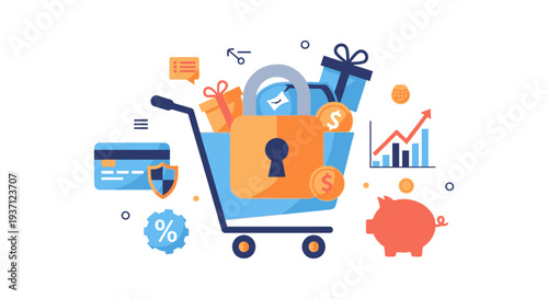 Secure E-commerce Shopping: Online Transaction Security, Financial Protection, Savings & Growth. Credit Card Safety Illustration.