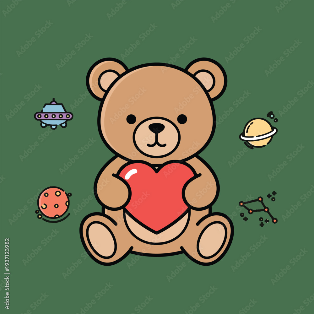 Obraz premium Cute teddy bear holding a heart surrounded by space planets and UFO.