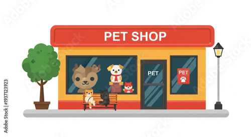 Colorful pet shop storefront with animals outside on sidewalk