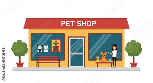 Pet shop storefront with woman and animals outside on sidewalk