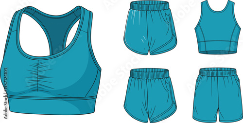 Women activewear sports set technical fashion illustration, sports bra crop top and athletic shorts front back view fitness clothing template
