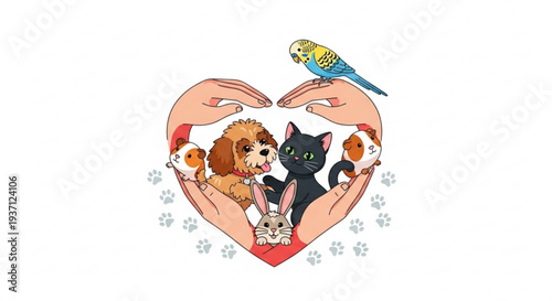 Heart shaped hands holding cute animals dog cat bird rabbit hamster