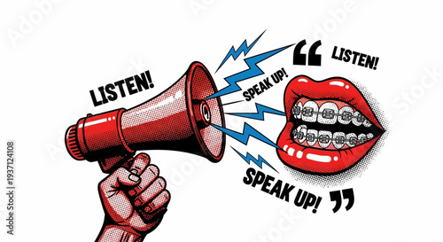 Hand holding megaphone with open mouth shouting loudly.