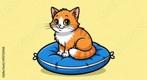 Cute orange cat sitting on blue dog bed with white trim against yellow background looking happy and relaxed