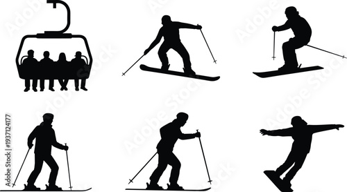 Skiing silhouettes, snowboarder tricks, ski lift riders, winter sports action, alpine adventure, extreme jumps, mountain lifestyle, snow recreation, outdoor fun