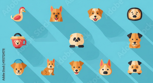 Cute dog faces and a few animal friends on blue background with shadows colorful icons