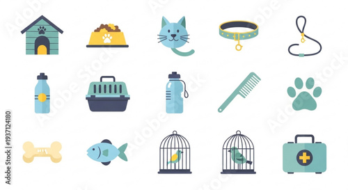 Pet care and accessories icons set including dog house food cat collar leash water bottle carrier brush paw print bone fish bird cage and first aid kit