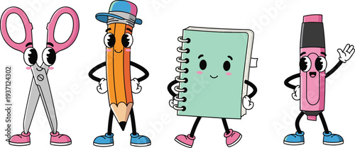 Cute school stationery cartoon mascots set, scissors pencil notebook marker characters, education supplies vector illustration collection