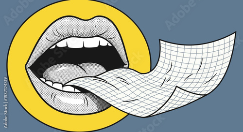 Illustration of mouth with paper coming out, creative concept.