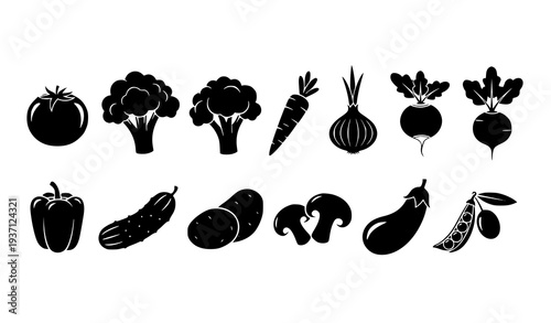 Organic vegetable silhouette icons collection with tomato broccoli carrot and farm produce symbols