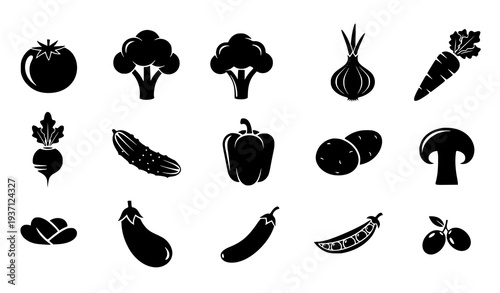 Black vegetable silhouette icon set with tomato broccoli carrot onion cucumber and organic farm food symbols vector