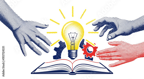 Hands reaching for a lightbulb and book with gears.