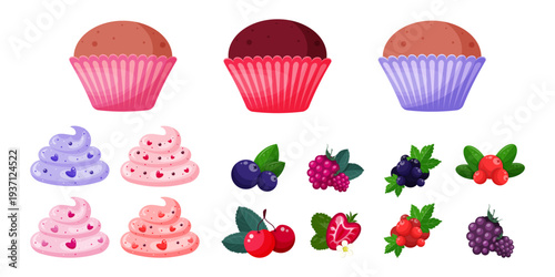 Vector collection of sweet cupcake elements  isolated  on white background. Build your own cupcake . Parts of cupcake  for creating  disign. Preschool printable matherial. Elements for games. Vector