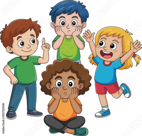 Cartoon Kids Bullying Scene with Teasing Children and Sad Victim Sitting on Ground, School Bully Behavior Concept, Childhood Social Problem Vector Illustration