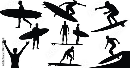 Surfer silhouettes with surfboards, surfing waves action, beach lifestyle illustration, ocean sport culture, summer adventure design, coastal travel tourism concept