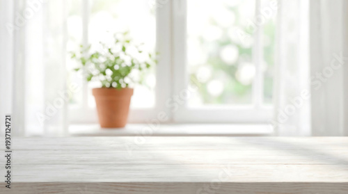 White Wooden Table Top Foreground with Blurred Window and Green Potted Plant Mockup Background