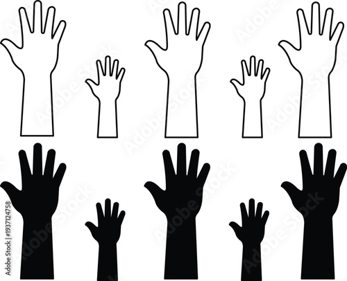 Hands raised silhouette and outline, group of people hands up, asking for attention