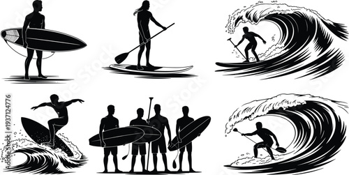 Surfing and paddleboarding silhouettes, ocean sport action, wave riders, beach lifestyle, coastal adventure, extreme tricks, group camaraderie, water recreation, sea fun, culture
