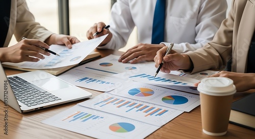 Business professionals collaborate on financial reports and data analysis for strategic planning