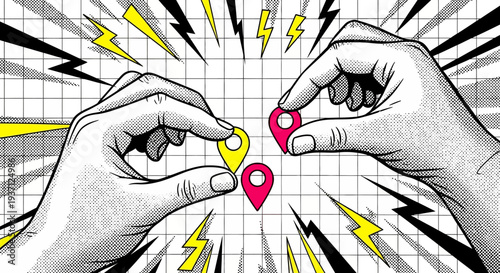 Two hands exchanging location pins with comic book style effects.