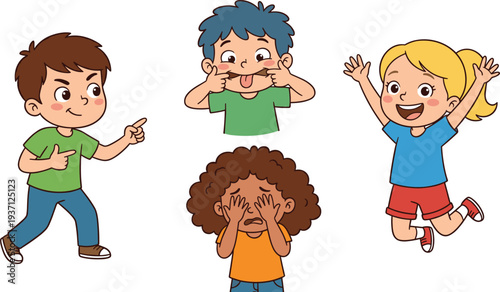 Cartoon School Bullying Scene with Children Teasing Crying Kid, Sad Child Covering Eyes While Classmates Laugh and Mock, Childhood Bully Behavior Vector Illustration