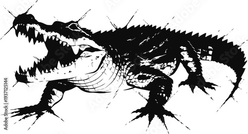 Aggressive crocodile with open mouth and sharp teeth in dynamic black ink sketch