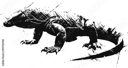 Grunge black lizard illustration with rough textured design and dynamic brush strokes