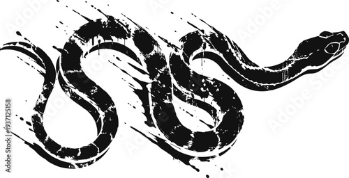 Black snake silhouette with rough textured strokes reptile abstract design symbolizing danger and mystery