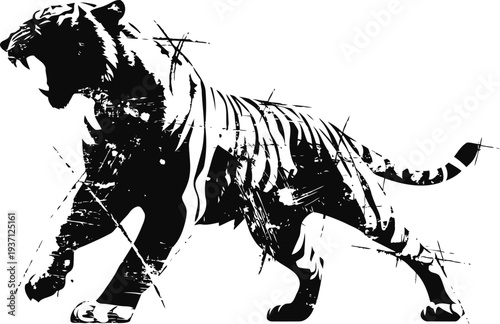black and white tiger silhouette with abstract scratched grunge texture