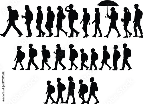 Silhouette people walking with bags, backpacks, and umbrella, diverse age groups, lifestyle movement, pedestrian activity, human motion illustration