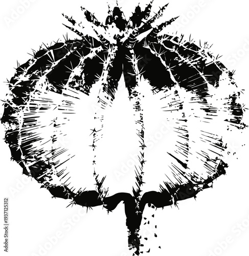 Abstract black and white cactus silhouette with spines in grunge ink splash